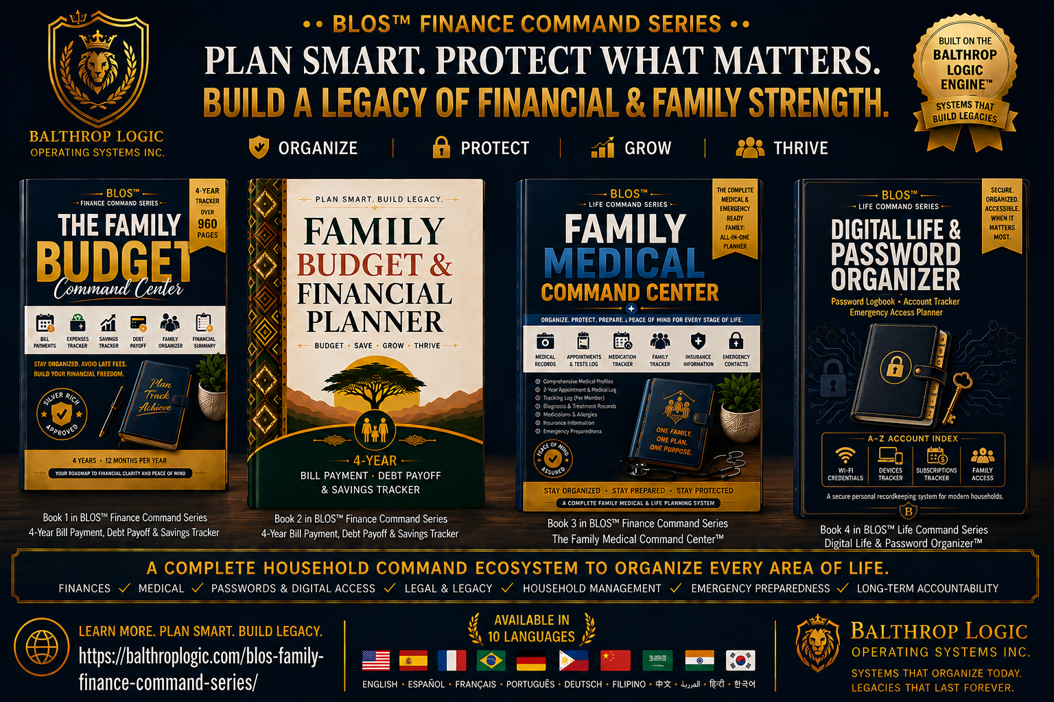 BLOS™ Finance Command Series — 4 premium household command-center workbooks including the new Digital Life & Password Organizer