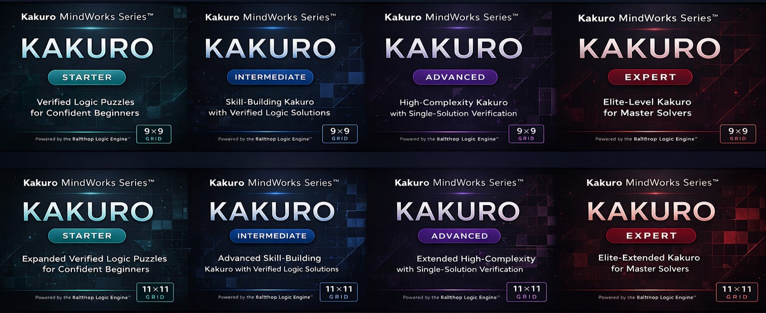 Kakuro MindWorks Series™ puzzle books collection featuring Starter to Expert Kakuro levels