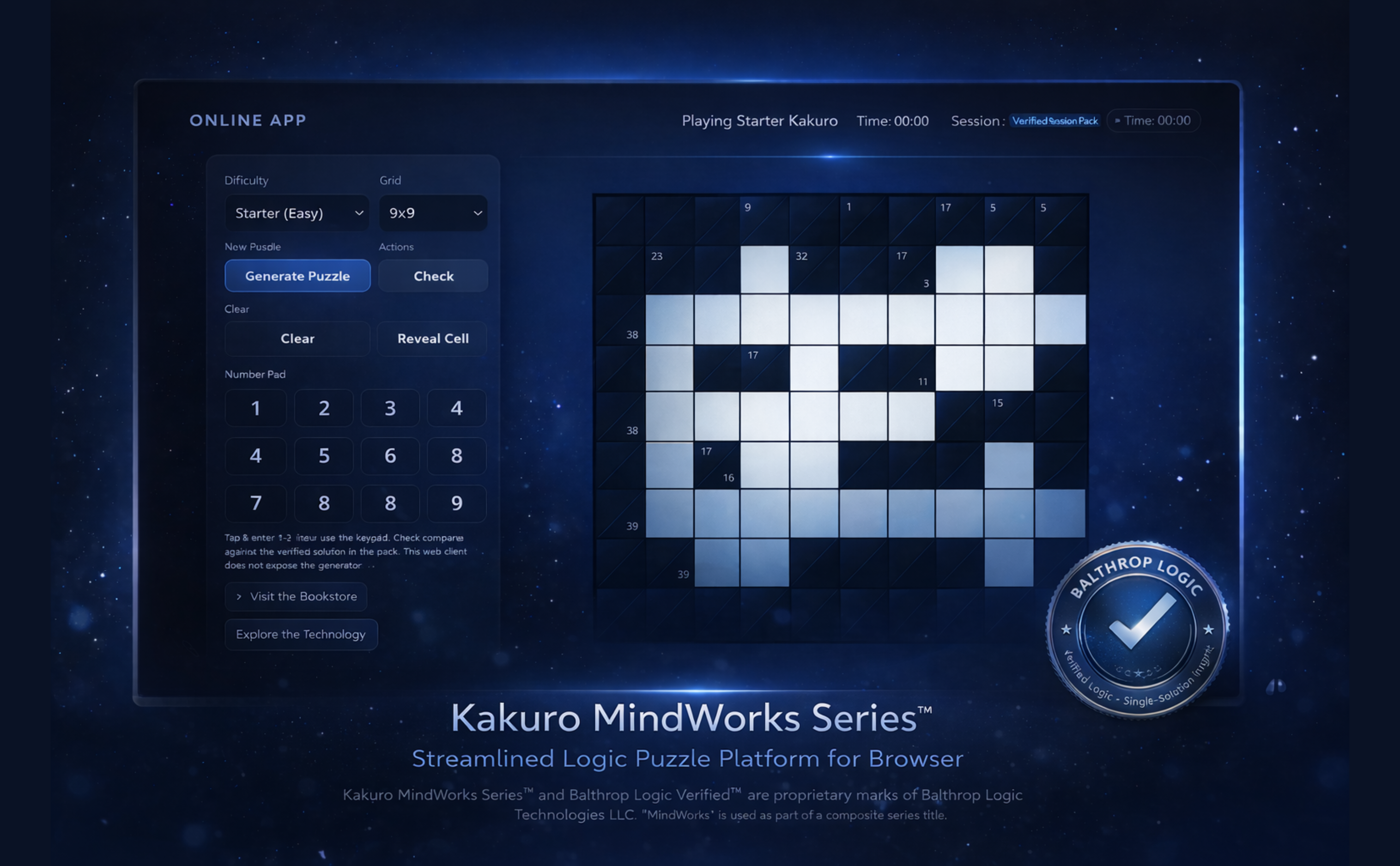 Kakuro MindWorks Series™ online Kakuro puzzle app with verified single-solution logic