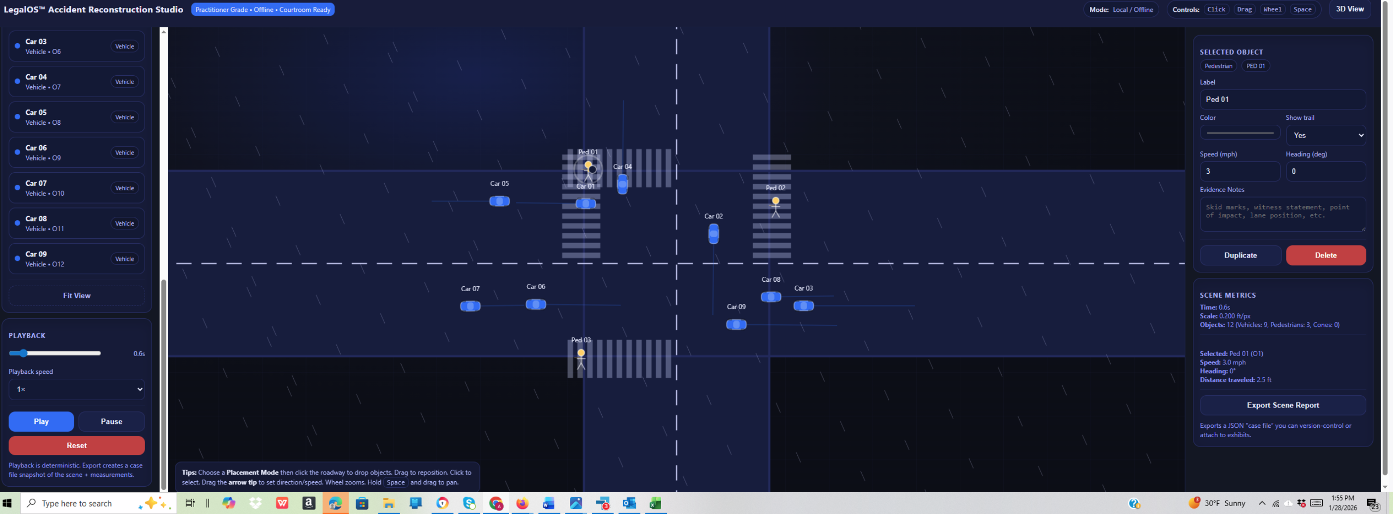 LegalOS Accident Reconstruction Studio — Metrics and export screenshot