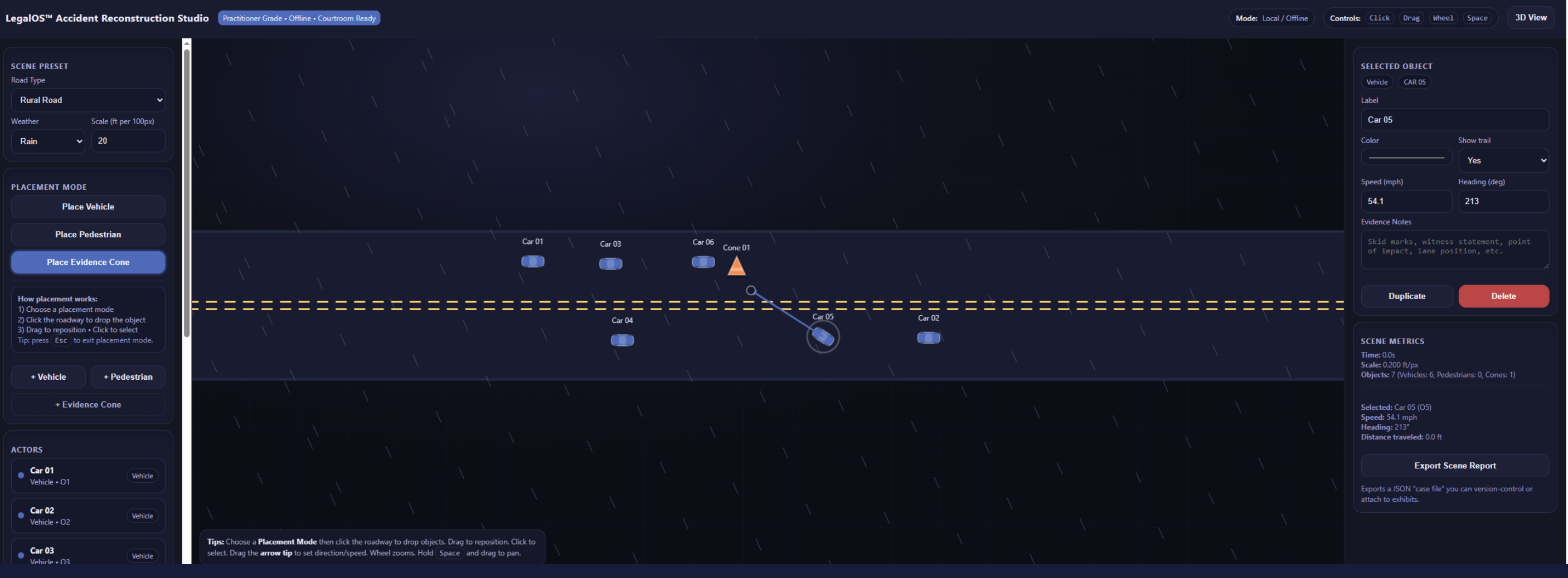 LegalOS Accident Reconstruction Studio — Scene editor screenshot